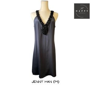 Jenny Han Beaded V-neck, Sleeveless Blue Dress (M)